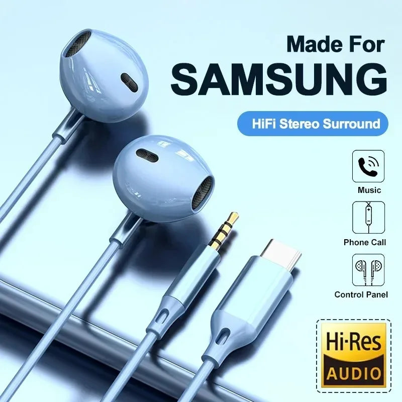 For Samsung Headphones HiFi Surround Sound In-ear USB Type C/3.5mm With wire control Wired Earplugs For Galaxy S24 S23 S22 Ultra